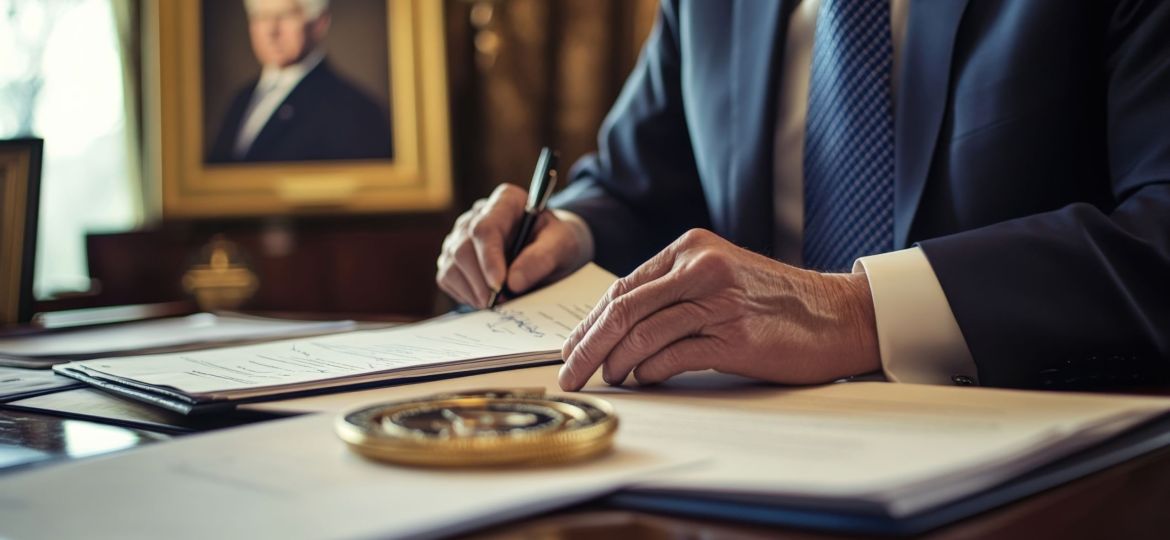 A somber politician sits at a desk tered with papers and a large government seal Their hand pauses midsignature a look of contemplation on their face as they reflect on the implication