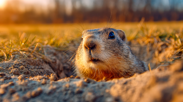 Groundhog emerging from its burrow in a grassy field during gold